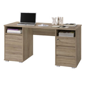 Przestronne biurko Primus 2 z trzema szufladami, dwiema półkami i pojemna szafka kolor brazowy Okmed Demko